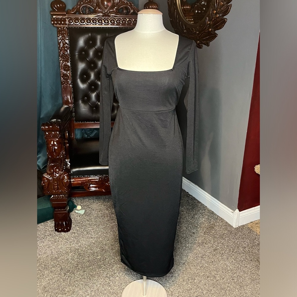 Black square neck midi dress